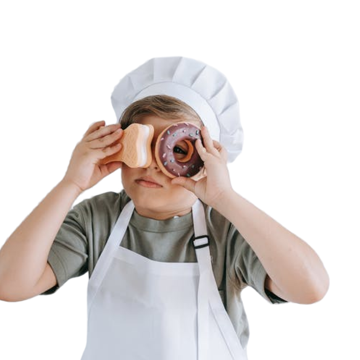 A kid dress up as a chef using donuts cover eyes and peek through them